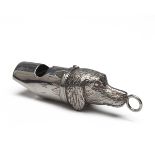 A STERLING SILVER DOG WHISTLE, in the form of a retriever head, the nose with lanyard ring,