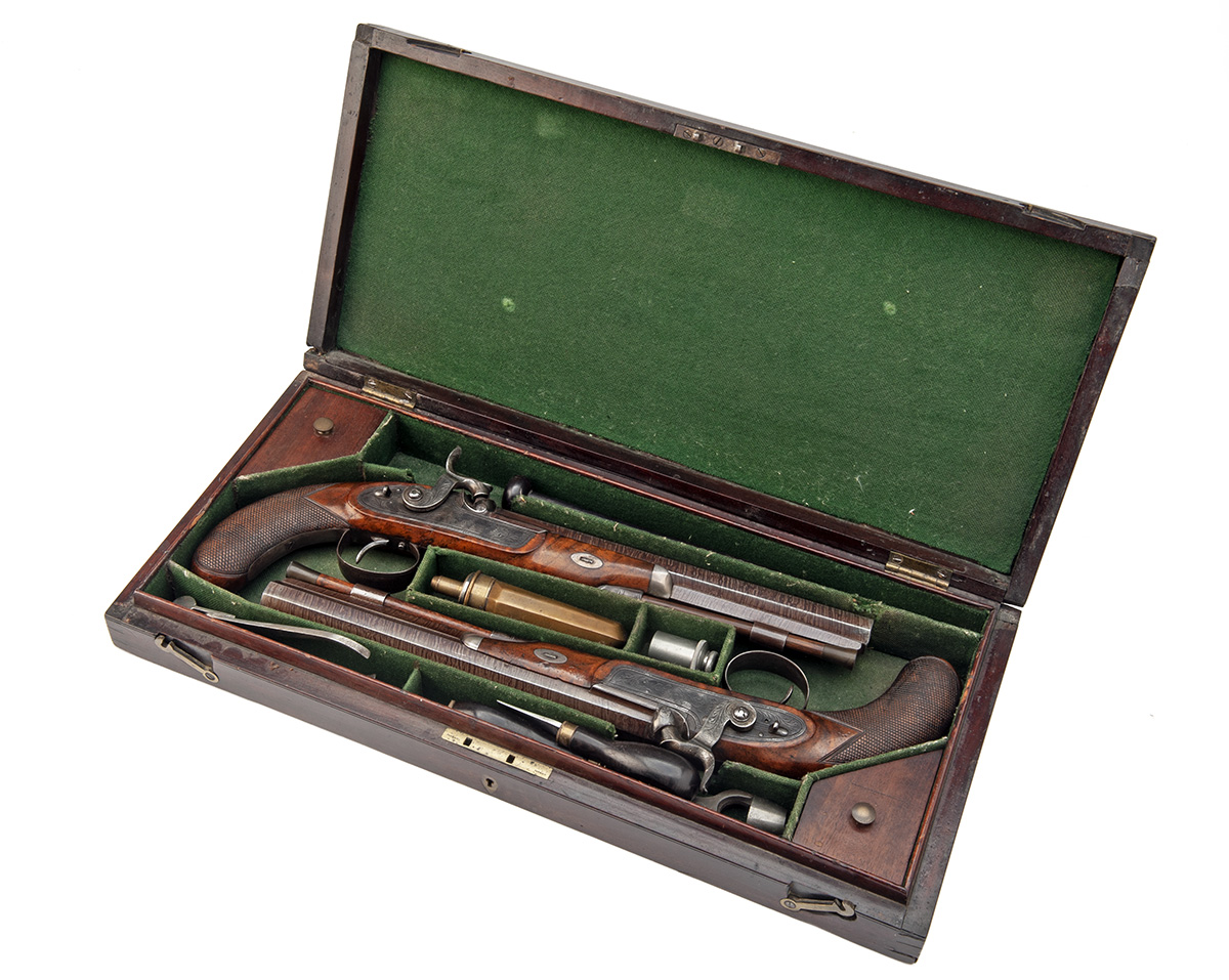 FORREST, OXFORD A CASED PAIR OF 32-BORE PERCUSSION PISTOLS, no visible serial number, circa 1828,