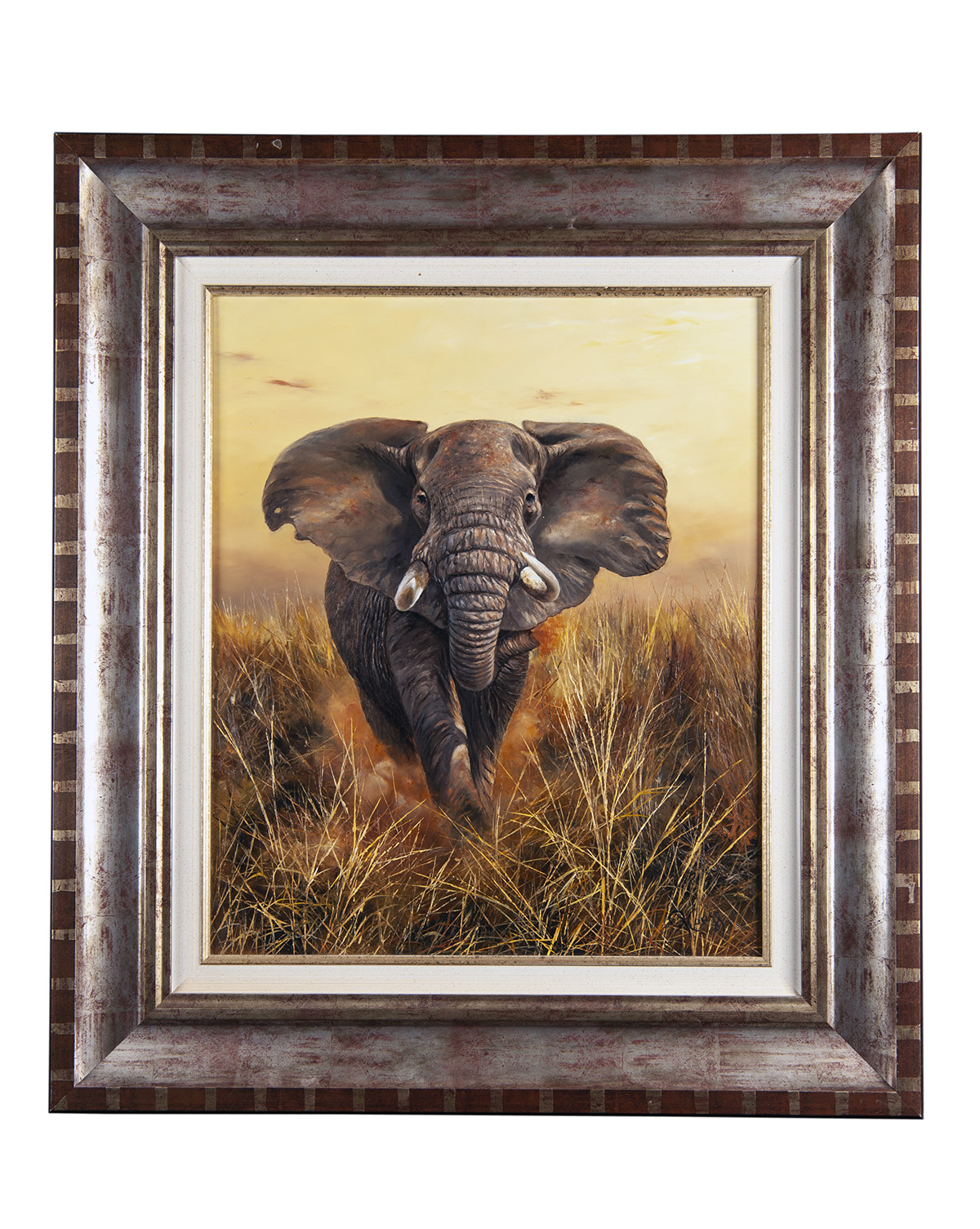 PIERRE COUZY AN ORIGINAL OIL ON CANVAS OF A CHARGING BULL ELEPHANT, signed by the artist, set in a