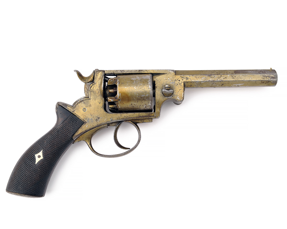 A 54-BORE PERCUSSION DOUBLE-ACTION REVOLVER SIGNED C.G. EDWARDS, MODEL 'WEBLEY'S WEDGE-FRAME',