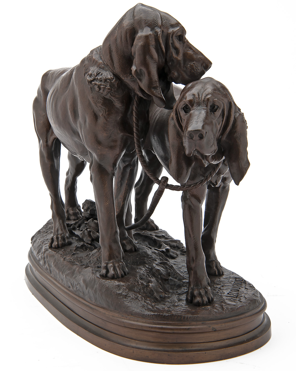 P. LECOURTIER A FRENCH PATINATED BRONZE GROUP OF TWO HOUNDS, ENTITLED 'DEUX CHIENS DE CHASSE - Image 2 of 6