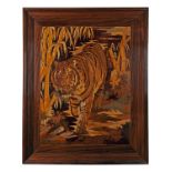 A FINE INTARSIA WOOD ART PICTURE OF A TIGER IN ART DECO STYLE, Likely French, circa 1925,