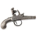 A 140-BORE FLINTLOCK DOUBLE-BARRELLED ALL-STEEL SIDE-BY-SIDE POCKET-PISTOL SIGNED LONDON, no visible