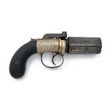 A 54-BORE PERCUSSION PEPPER-BOX REVOLVER WITH NICKEL BODY SIGNED 'C. MAYBURY', no visible serial