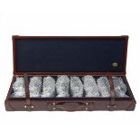 REY PAVON A NEW AND UNUSED HONEY LEATHER-CASED SET OF EIGHT PORT GLASSES, partitioned case lined