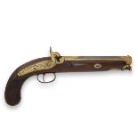 BARNES & CO, LONDON AN EXTREMELY FINE 18-BORE PERCUSSION GOLD DAMASCENED BELT-PISTOL, no visible