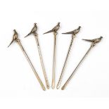 WILLIAM SUCKLING LTD. A SET OF FIVE VINTAGE STERLING SILVER PHEASANT COCKTAIL STICKS, with