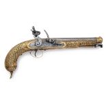 A 16-BORE FLINTLOCK BRASS-STOCKED HOLSTER-PISTOL FOR THE INDIAN MARKET, UNSIGNED, no visible