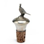A STERLING SILVER PHEASANT TOP CORK BOTTLE STOPPER, with Douglas Pell silver hallmarks, dated
