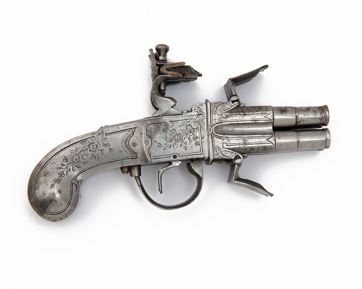 A RARE 140-BORE FLINTLOCK FOUR-BARRELLED ALL-STEEL TURN-OVER POCKET-PISTOL, UNSIGNED, MODEL 'SEGALAS