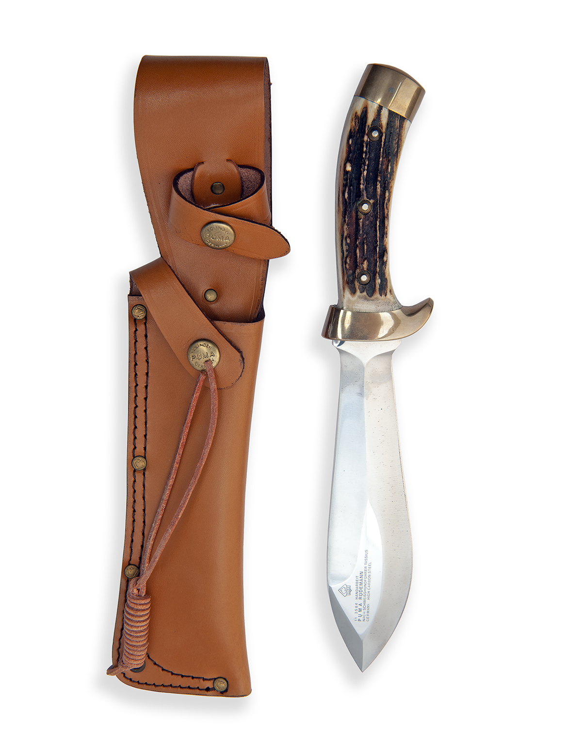PUMA, GERMANY A CASED STAG-HANDLED BOLO-BLADED SPORTING KNIFE, MODEL '11 3584 PUMA RUDEMANN', serial