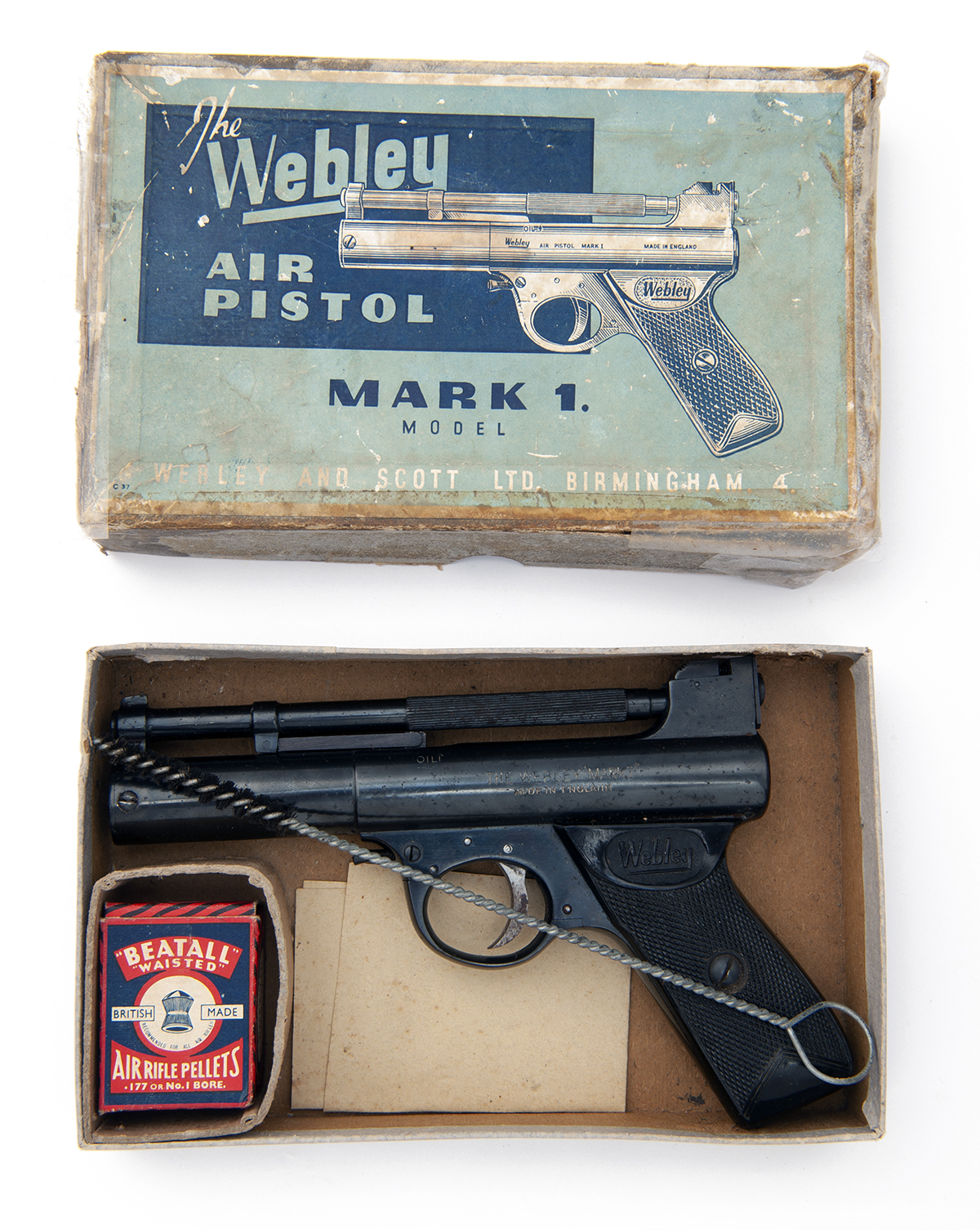 WEBLEY & SCOTT, BIRMINGHAM A BOXED .177 BARREL COCKING AIR-PISTOL, MODEL 'MKI POST-WAR SLANT-GRIP,