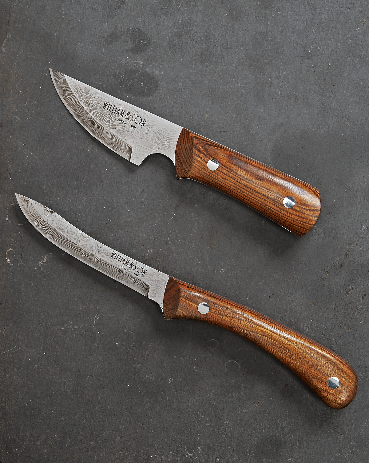 WILLIAM & SON, LONDON TWO DAMASCUS-BLADED SKINNING or PAIRING KNIVES, serial no's. 0901 & 1001,