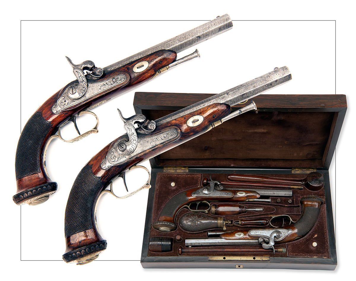 A CASED PAIR OF 32-BORE PERCUSSION PISTOLS SIGNED DEVILLERS, no visible serial numbers, Belgian - Image 5 of 5