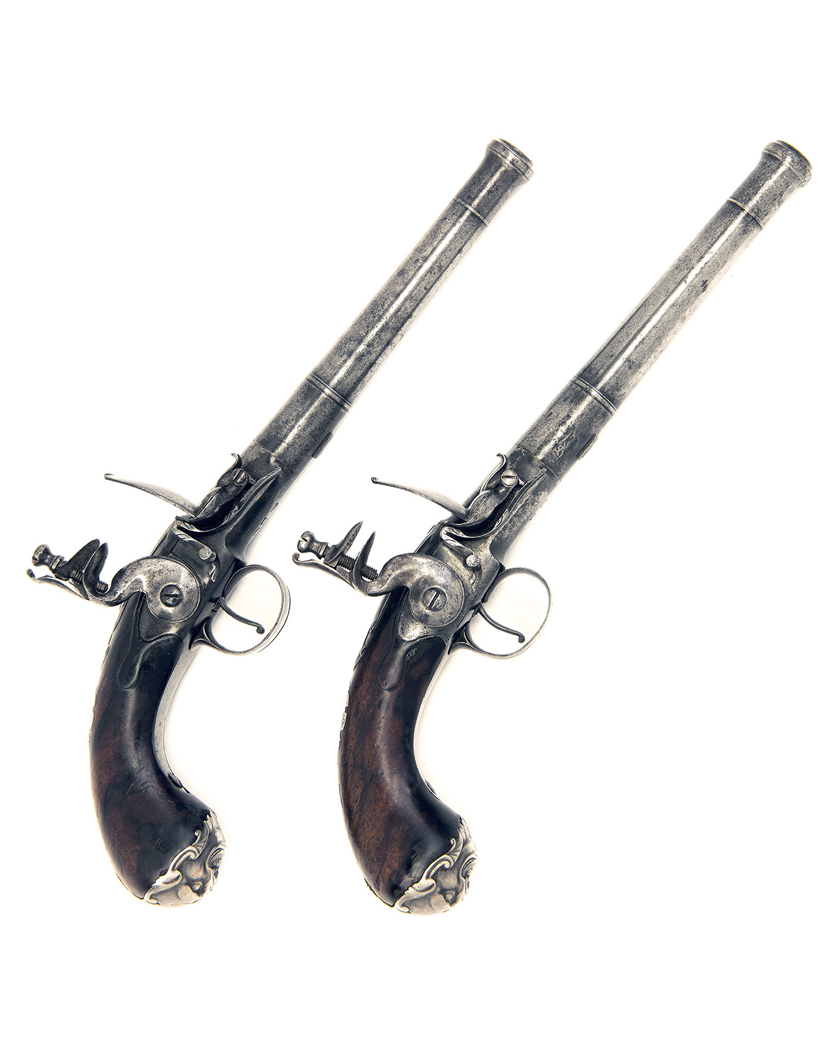 DREW, LONDON A PAIR OF 18-BORE FLINTLOCK PISTOLS, MODEL 'QUEEN ANNE TYPE', no visible serial number,