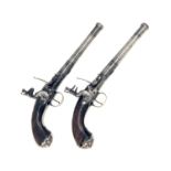 DREW, LONDON A PAIR OF 18-BORE FLINTLOCK PISTOLS, MODEL 'QUEEN ANNE TYPE', no visible serial number,