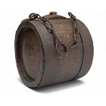 A RARE WOODEN POWDER-KEG early 19th century and of iron-banded barrel form with central cork