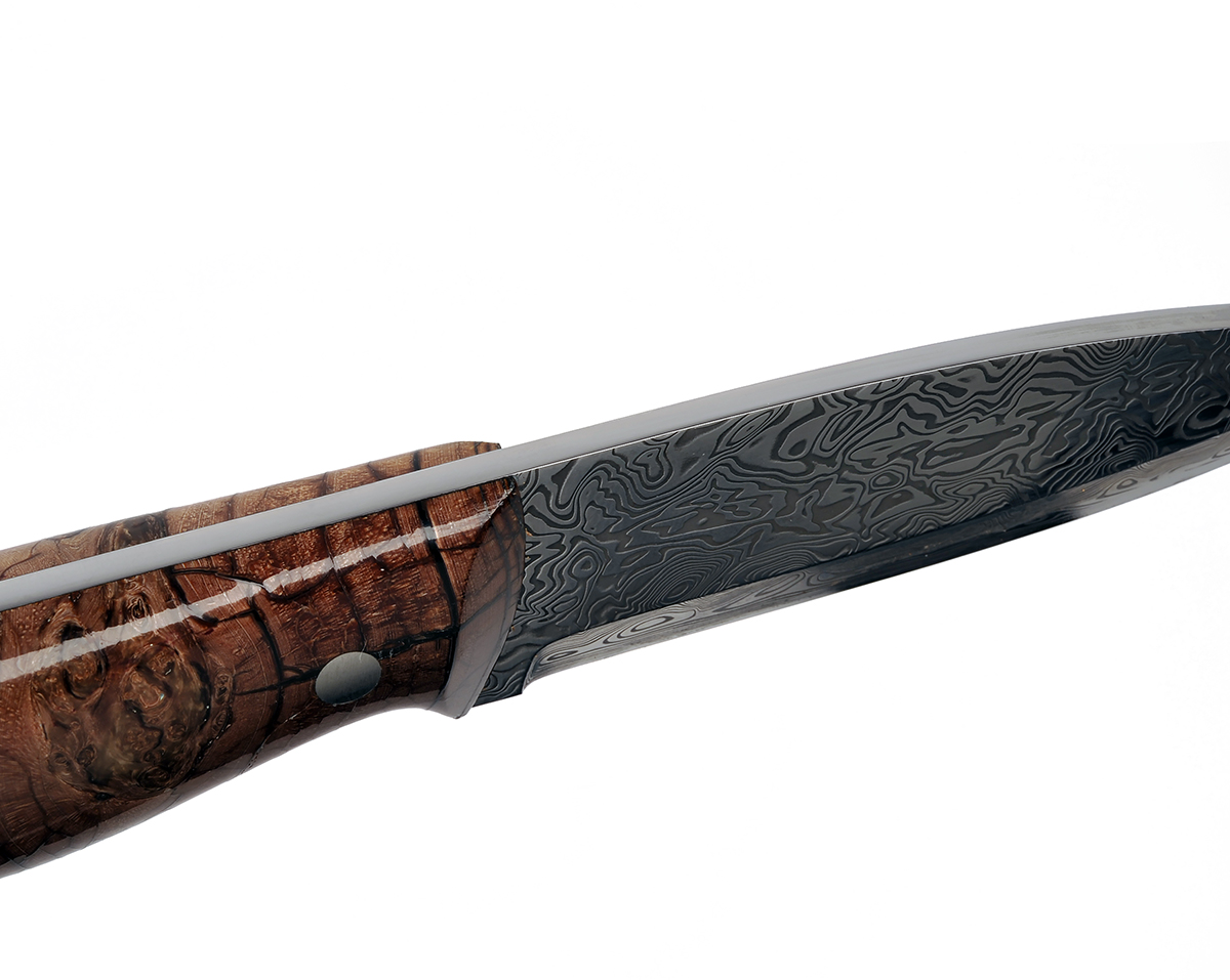 WILLIAM & SON, LONDON A FINE DAMASCUS DROP-POINT HUNTING KNIFE WITH FOSSILISED MAMMOTH-TUSK HILT, - Image 6 of 7