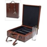 REY PAVON A LEATHER WHISKY CASE WITH GLASSES, leather-bound baize-lined case with provision for