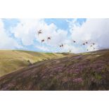 JONATHAN YULE AN ORIGINAL OIL ON CANVAS OF GROUSE IN FLIGHT OVER MOORLAND, signed by the artist,