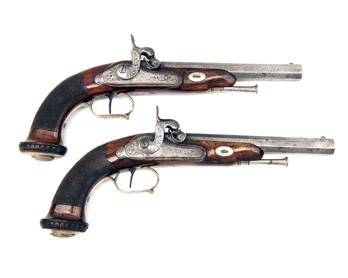 A CASED PAIR OF 32-BORE PERCUSSION PISTOLS SIGNED DEVILLERS, no visible serial numbers, Belgian - Image 2 of 5