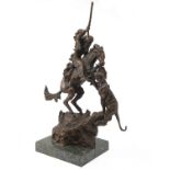 C.M. RUSSELL A BRONZE SCULPTURE OF A WESTERN MOUNTAIN MAN ON HORSEBACK BEING ATTACKED BY A COUGAR,