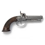 A 30-BORE PERCUSSION DOUBLE-BARRELLED PISTOL SIGNED 'J. PURDEY, LONDON', no visible serial number,