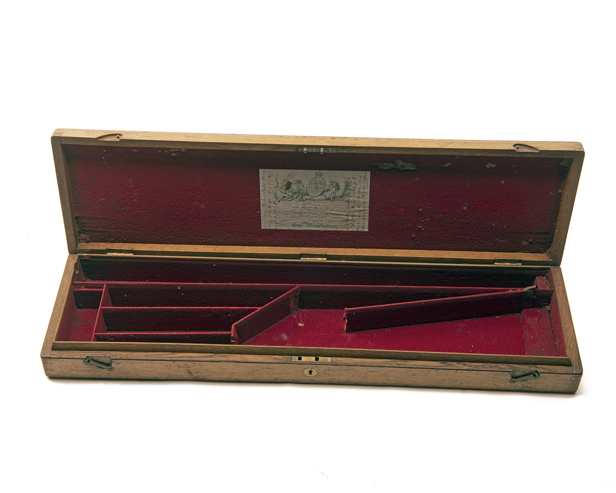 J. PURDEY A VINTAGE OAK PERCUSSION GUNCASE, fitted for 30in. barrels, re-fitted interior lined