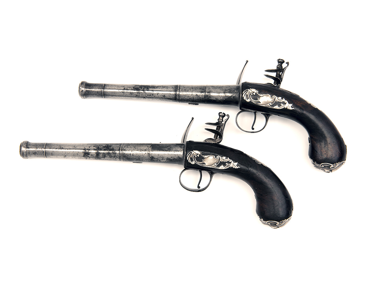 DREW, LONDON A PAIR OF 18-BORE FLINTLOCK PISTOLS, MODEL 'QUEEN ANNE TYPE', no visible serial number, - Image 2 of 3