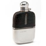 JAMES DIXON & SONS A VINTAGE LEATHER-BOUND DRINKING FLASK WITH STERLING SILVER DETACHABLE CUP, glass