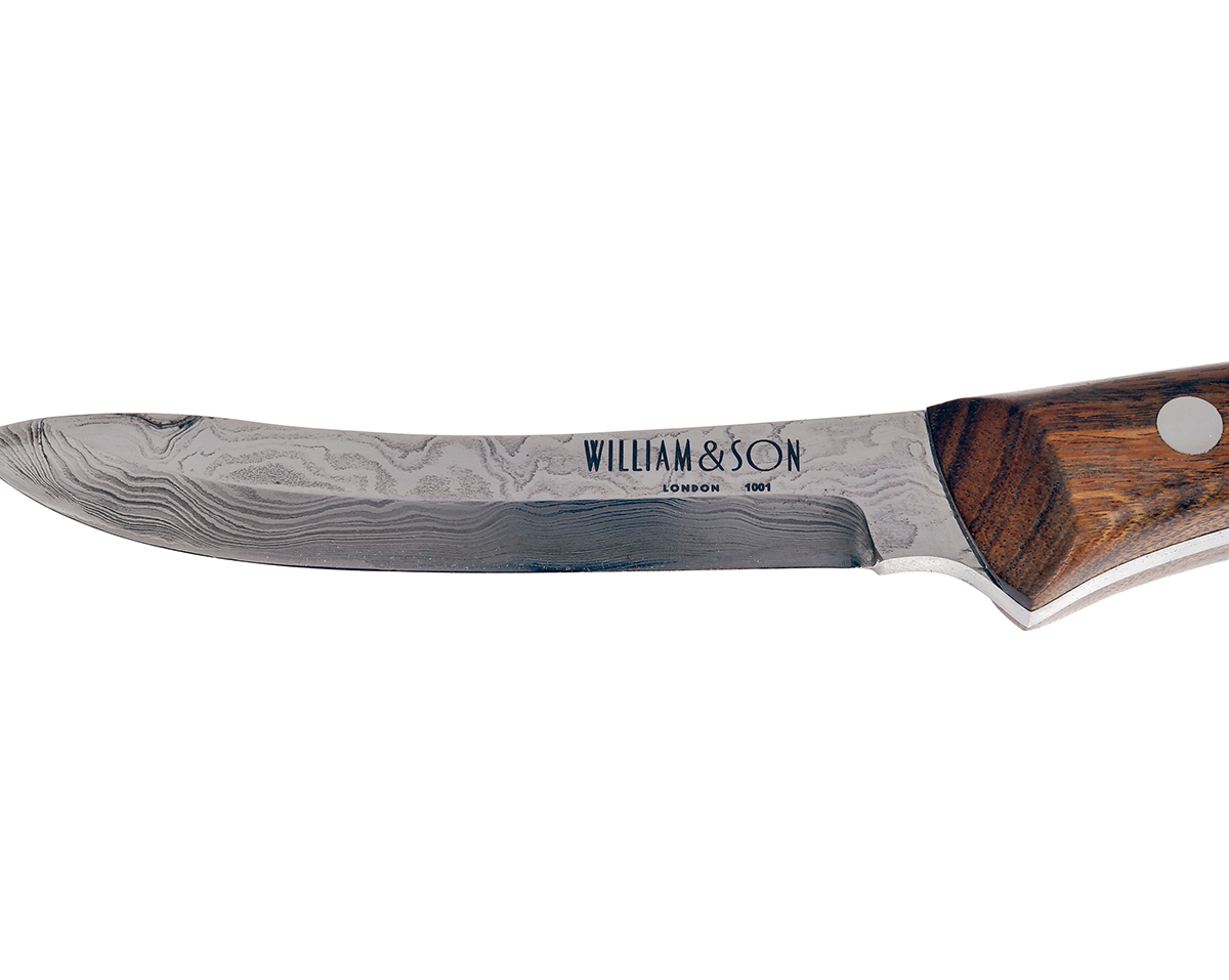 WILLIAM & SON, LONDON TWO DAMASCUS-BLADED SKINNING or PAIRING KNIVES, serial no's. 0901 & 1001, - Image 7 of 9
