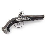 A 50-BORE FLINTLOCK DOUBLE-BARRELLED TRAVELLING PISTOL, UNSIGNED, no visible serial number, French