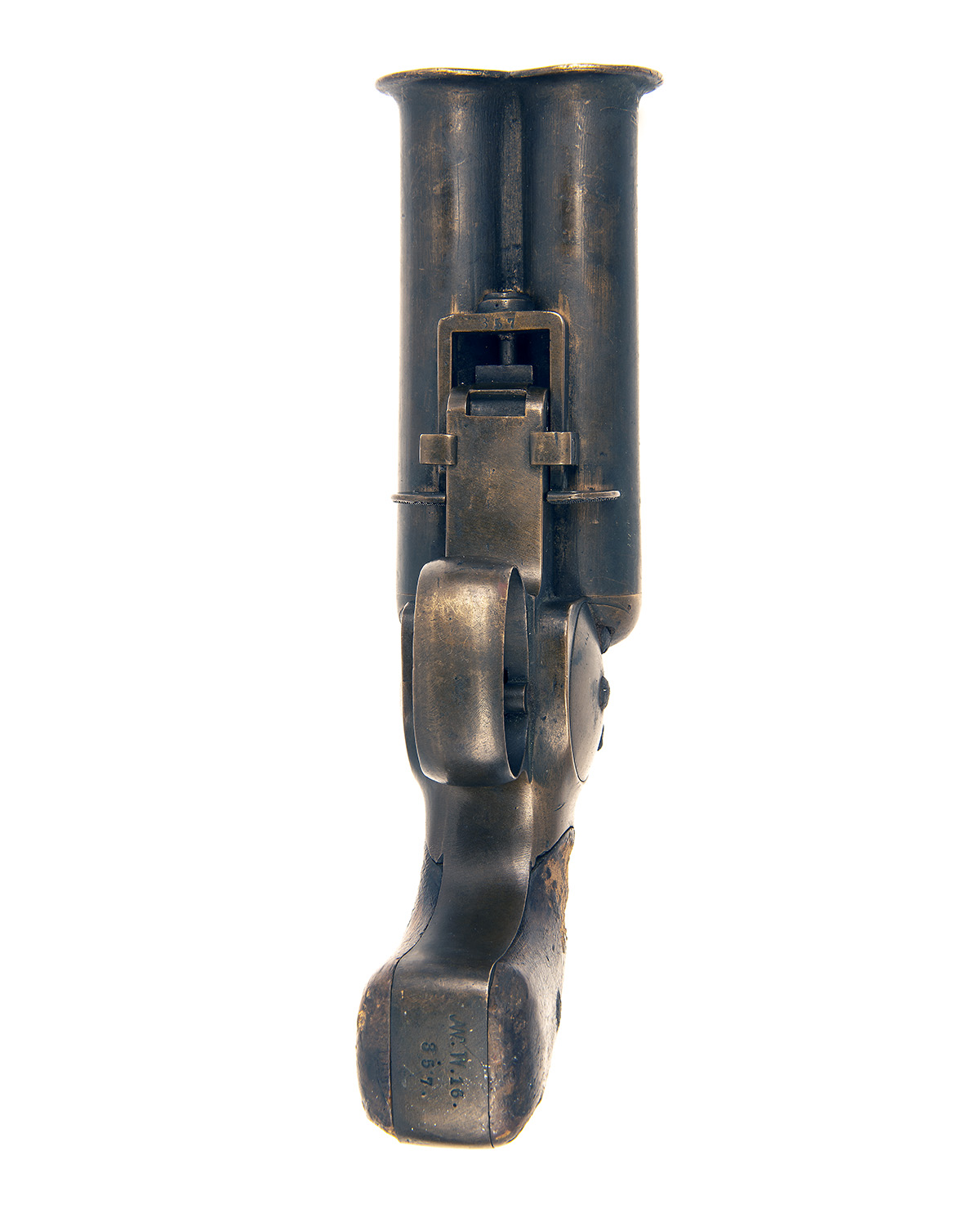 AN EXTREMELY RARE 1 INCH (26.5mm) ALL-BRASS DOUBLE-BARRELLED SIGNAL-PISTOL, UNSIGNED, serial no. - Image 3 of 4