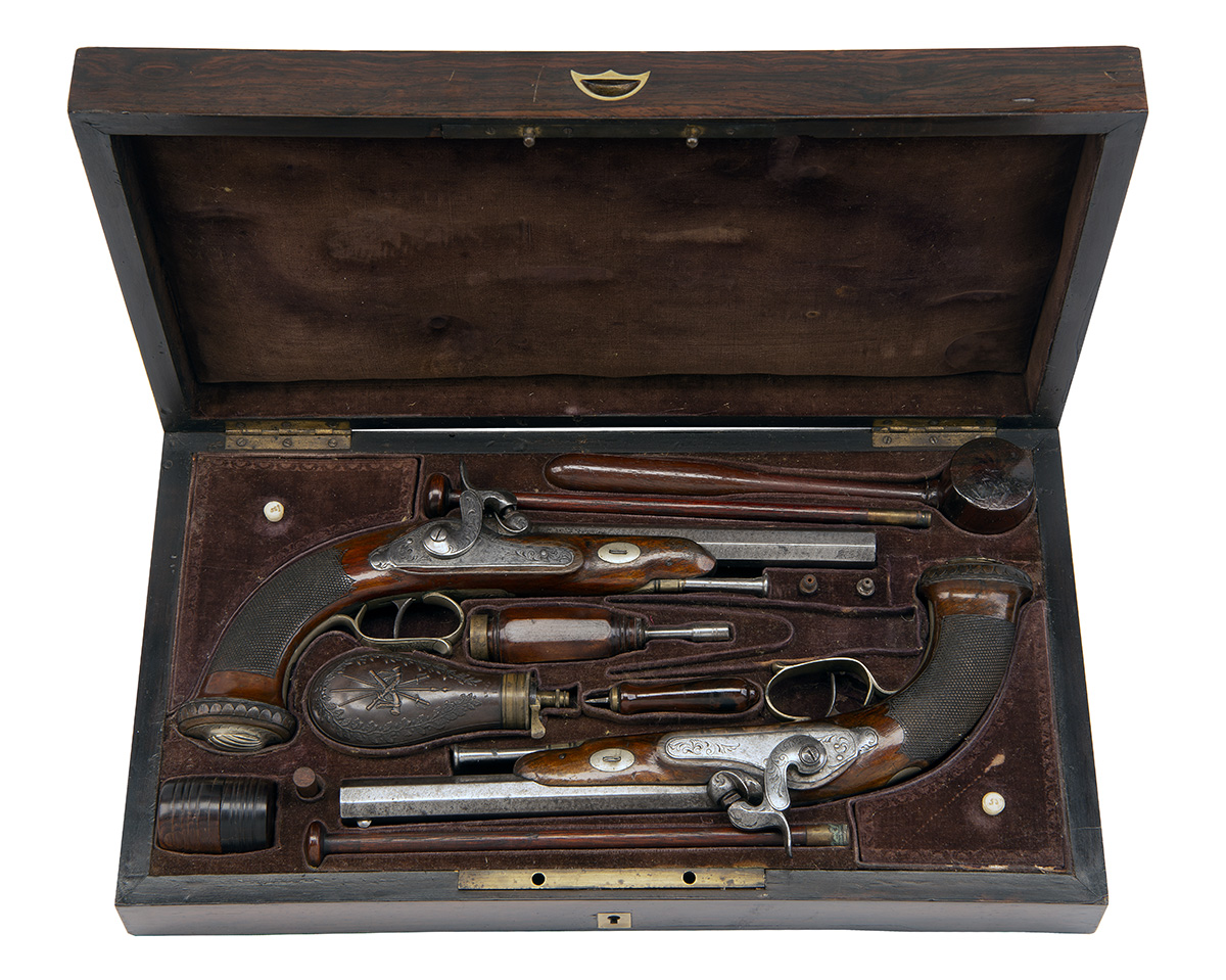 A CASED PAIR OF 32-BORE PERCUSSION PISTOLS SIGNED DEVILLERS, no visible serial numbers, Belgian