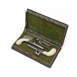 A CASED PAIR OF 60-BORE PERCUSSION DELUXE POCKET-PISTOLS WITH IVORY BUTTS, UNSIGNED, no visible