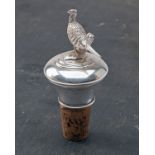 A STERLING SILVER PHEASANT TOP CORK BOTTLE STOPPER, with 925 silver hall marks, measuring approx.