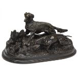 A BRONZE SCULPTURE OF TWO HUNTING HOUNDS, a setter and a pointer flushing a partridge in the