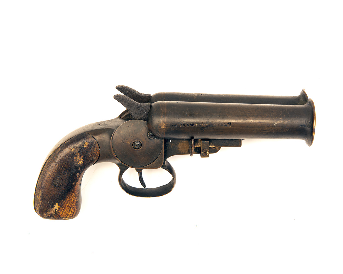 AN EXTREMELY RARE 1 INCH (26.5mm) ALL-BRASS DOUBLE-BARRELLED SIGNAL-PISTOL, UNSIGNED, serial no.