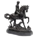 A BRONZE MOUNTED HUNTSMAN WITH HOUND, mounted on a marble plaque, measuring approx. 14in. x 12in.