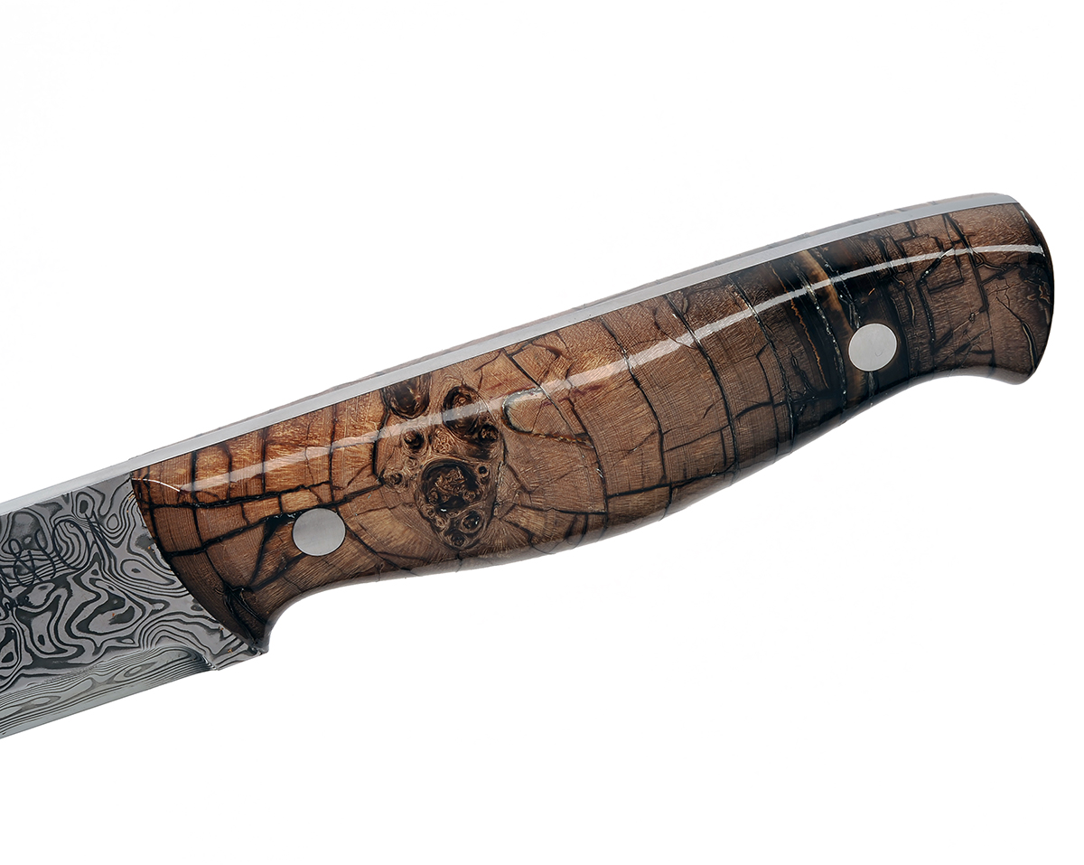 WILLIAM & SON, LONDON A FINE DAMASCUS DROP-POINT HUNTING KNIFE WITH FOSSILISED MAMMOTH-TUSK HILT, - Image 7 of 7