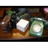 A retro phone, cased binoculars, etc.