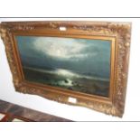 H HOWELL - oil on canvas - moonlit seashore - date