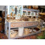 A large painted pine dresser with plate rack over