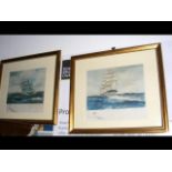 A coloured print of three masted ship in rough sea