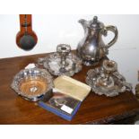 A pair of silver plated chamber sticks, coaster, e