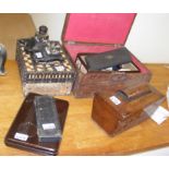 A leather box of collectables, together with tea c