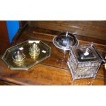 A silver plated and cut glass biscuit barrel, etc.