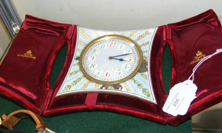 A Clark guilloche enamel repeater travelling clock