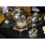 A large silver plated chafing dish, clock for rest