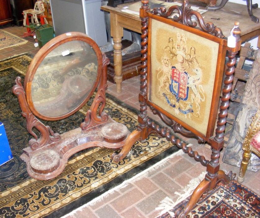 Antique fire screen with embroidery panel, togethe